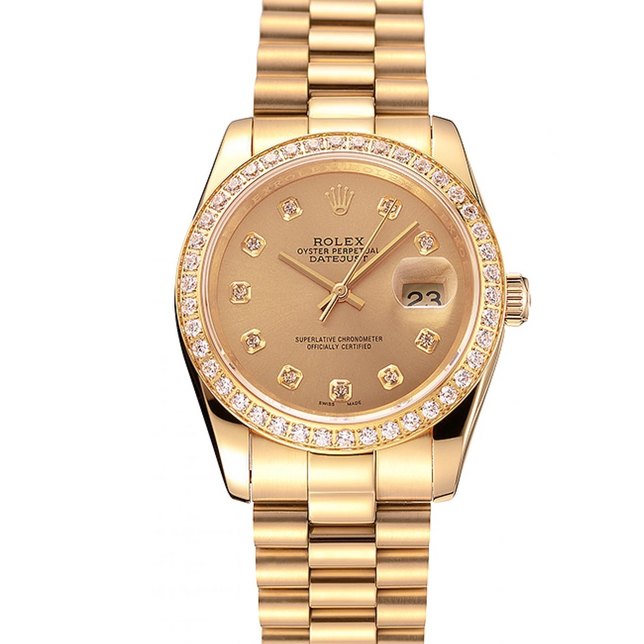 Aaa replica Gold Diamond Swiss Dial 1454097 Datejust Champagne Bracelet Rolex Bezel 0714